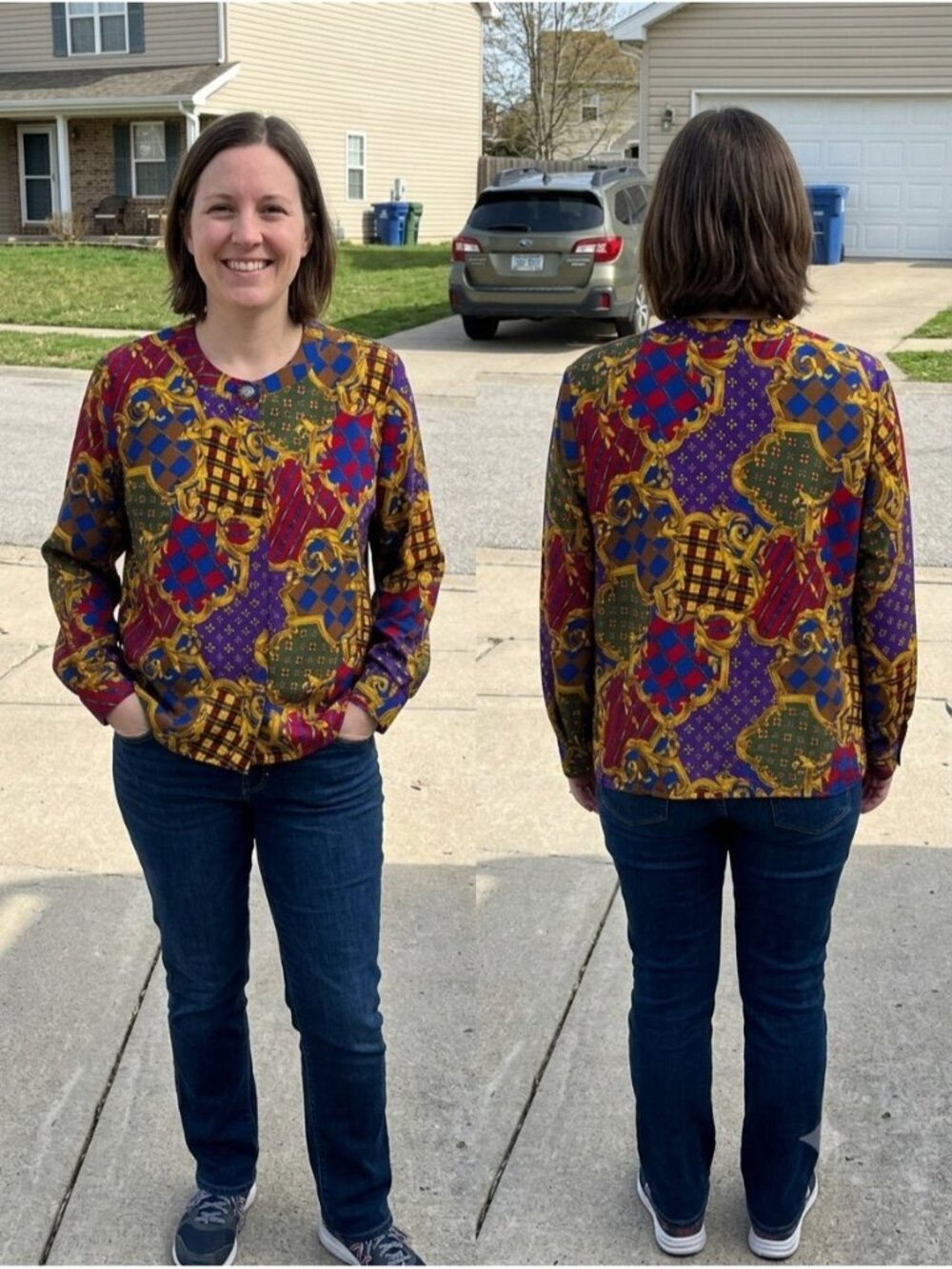 Vtg Cathy Che Baroque Chain Print Blouse Womens 10 Jewel Tone Heraldic Crest 80s